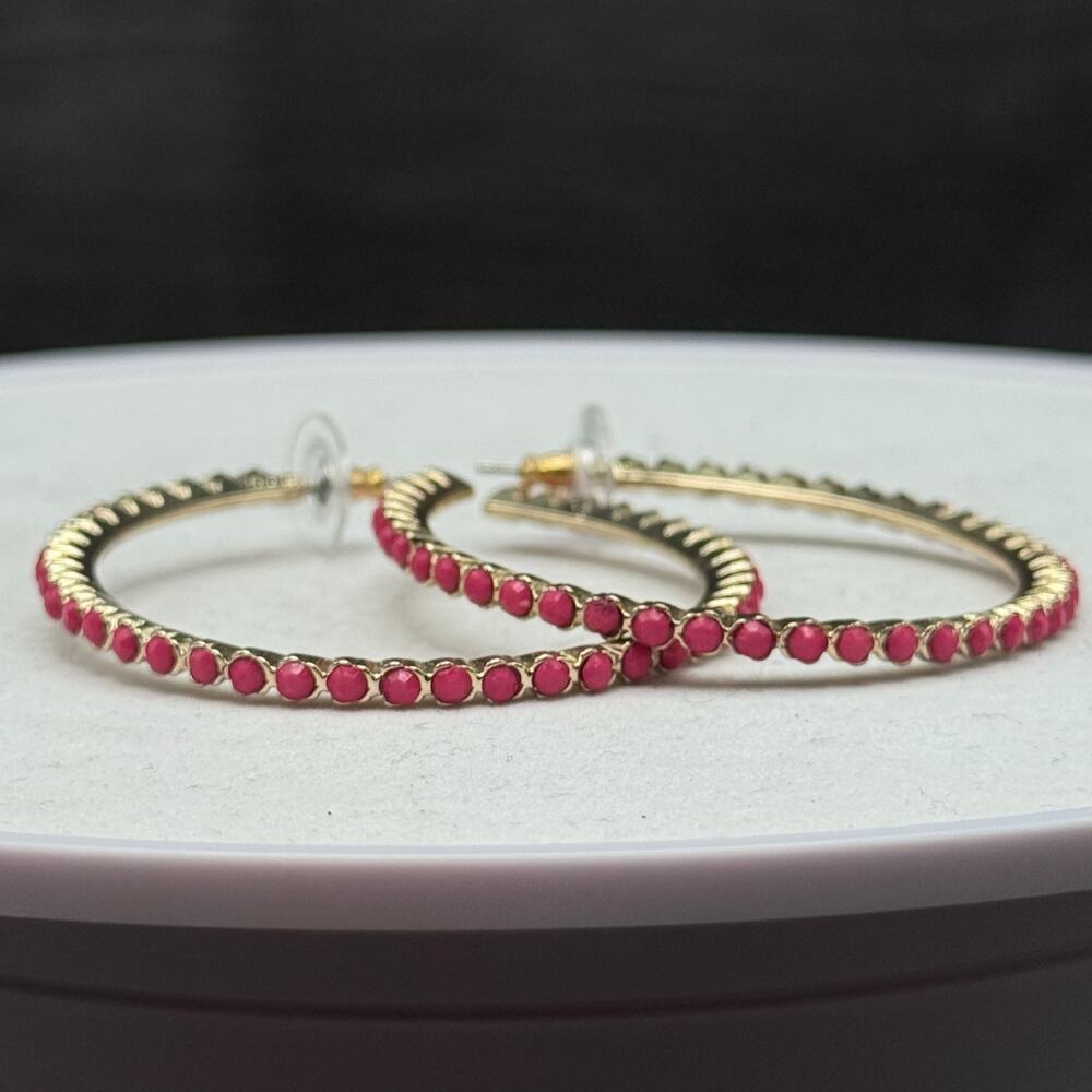 Vintage Plastic Coated Aluminum Pink/Magenta Rhinestone Fashion Enamel Hoop